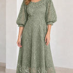 Floral Lace Puff Sleeve Scalloped Neck A-Line Midi Dress