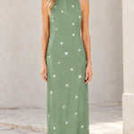 Women's Star Print Halter Maxi Dress with Fringe Hem