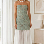 Strapless Embroidered Lace Drop Waist Maxi Dress