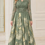 Metallic Floral Lace Long Sleeve Evening Gown with Beaded Waist