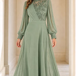 Embellished High Neck Long Sleeve Chiffon Maxi Evening Gown