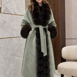 Women's Elegant Faux Fur Trim Belted Long Wool-Blend Overcoat