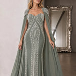 Rhinestone Embellished Cape Evening Gown Sweetheart Formal Dress