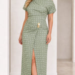 Women's Asymmetrical Neckline Polka Dot Midi Dress with Ruched Buckle Detail