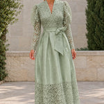 Floral Lace Puff Sleeve Belted Satin Maxi Dress