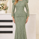 Women's Elegant Long Sleeve Lace Mermaid Formal Dress with Peplum Waist