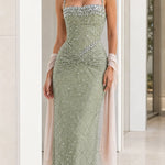 Sparkling Beaded Ruched Waist Maxi Evening Gown with Matching Shawl