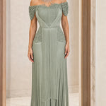 Off-The-Shoulder Beaded Lace Fringe Evening Maxi Dress