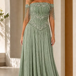 Off-the-Shoulder Beaded Fringe Corset Evening Gown
