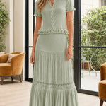 Women's Ribbed Short Sleeve Button Top and Tiered Maxi Skirt Set