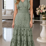 Floral Embroidered Lace Tiered Maxi Dress with Ruffle Sleeves