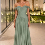Off-The-Shoulder Beaded Fringe Ruched Chiffon Evening Gown