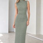 Sleeveless Mock Neck Ruched Glitter Maxi Dress
