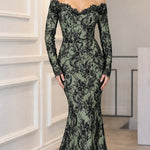 Off-Shoulder Sequin Lace Long Sleeve Mermaid Evening Gown