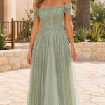 Off-Shoulder Sequin Fringe A-Line Evening Gown