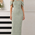 Elegant Pearl-Embellished Off-the-Shoulder Column Maxi Dress
