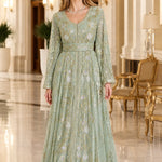 Metallic Floral Embroidered Long Sleeve Kaftan Maxi Dress with Belt