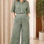 Women's Elegant Lace Button-Down Shirt and Wide-Leg Pants Set