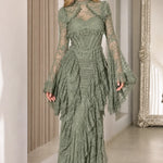 Gothic Lace Corset Maxi Dress with Dramatic Bell Sleeves and Tiered Ruffle Skirt