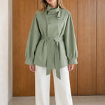 Women's High Neck Belted Short Trench Jacket with Lantern Sleeves