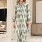 Women's Embellished Collar Ikat Print Tunic and Pants Two-Piece Set