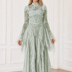 Long Sleeve Lace Corset Maxi Dress with Tassel Fringe and Cutout Back