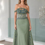 Stunning Off-The-Shoulder Beaded Evening Gown with Sheer Corset Bodice