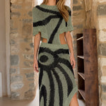 Boho Abstract Knit Two-Piece Crop Top and Maxi Skirt Set