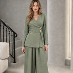 Women's Elegant Wrap Front Button Accent Blazer Top and Wide Leg Pants Two-Piece Set