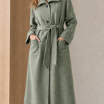 Women's Ribbed Knit Collar Longline Wool Blend Trench Coat with Belt