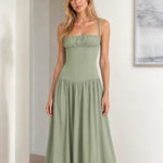 Women's Ruched Bust Drop Waist Maxi Dress Sleeveless Flowy Evening Gown