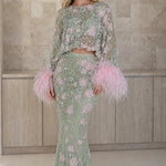 Embellished Two-Piece Feather Trim Crop Top and Maxi Skirt Set