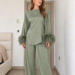 Satin Feather Cuff Two-Piece Top and Wide-Leg Pants Set