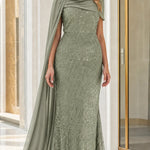 Sequin Mermaid Evening Gown with Draped Chiffon Cape