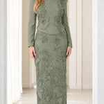 Elegant Beaded Floral Lace Long Sleeve Column Evening Maxi Dress