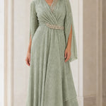 Elegant V-Neck Rhinestone Split Sleeve Maxi Evening Dress
