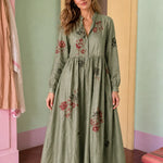 Women's Long-Sleeve Embroidered Midi Dress with Button Front