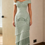 Elegance Tiered Fringe Off-Shoulder Evening Gown