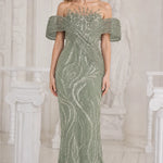 Sequined Off-Shoulder Illusion Mermaid Evening Gown