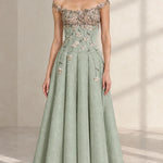 Off-The-Shoulder 3D Floral Applique A-Line Evening Gown