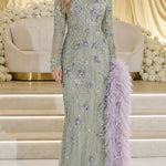 Embellished Long Sleeve Evening Gown with Feather Accents