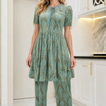 Geometric Velvet Babydoll Tunic and Straight Pants 2-Piece Set