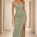 Strapless Shimmer Draped Evening Gown with Slit