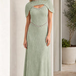 Pleated Cape Sleeve Beaded Maxi Dress with Cutout Detail