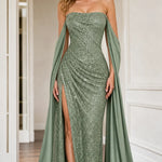 Strapless Sequin Floor-Length Evening Gown with Draped Cape Sleeves and Slit