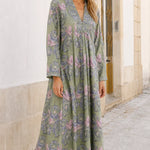 Women's Floral Print V-Neck Long Sleeve Maxi Dress