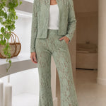 Floral Lace Two-Piece Pant Suit Set with Stand Collar Jacket and Flare Trousers