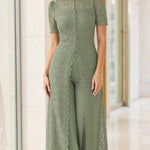 Elegant Floral Lace Overlay Wide-Leg Pantsuit with High Neck & Short Sleeves