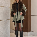 Women's Plush Faux Fur Trim Belted Short Wrap Coat