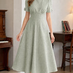 Elegant Short Sleeve Woven A-Line Midi Dress with Puff Sleeves